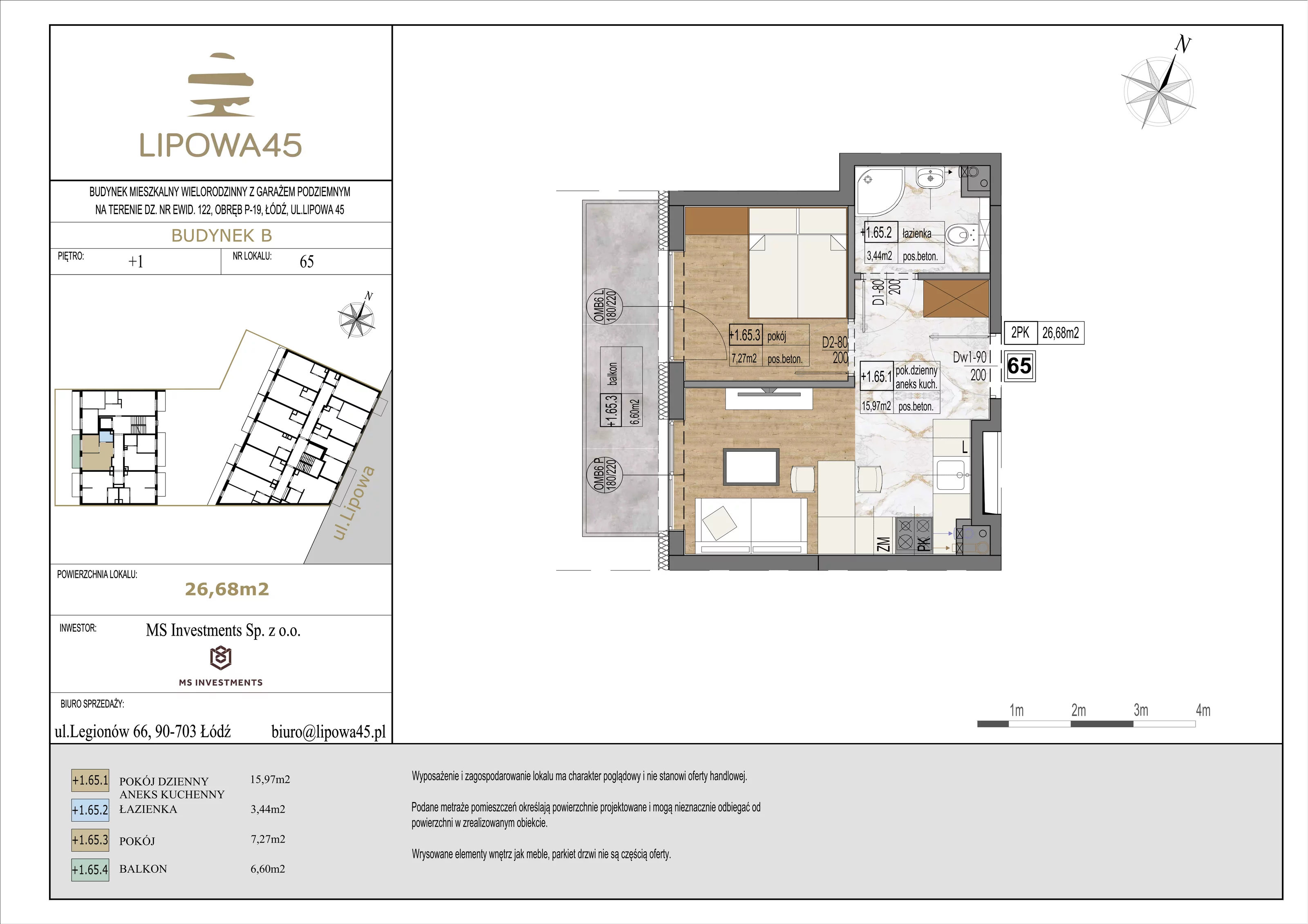 2 pokoje, mieszkanie 26,68 m², piętro 1, oferta nr 65, Lipowa 45, Łódź, Polesie, ul. Lipowa 45